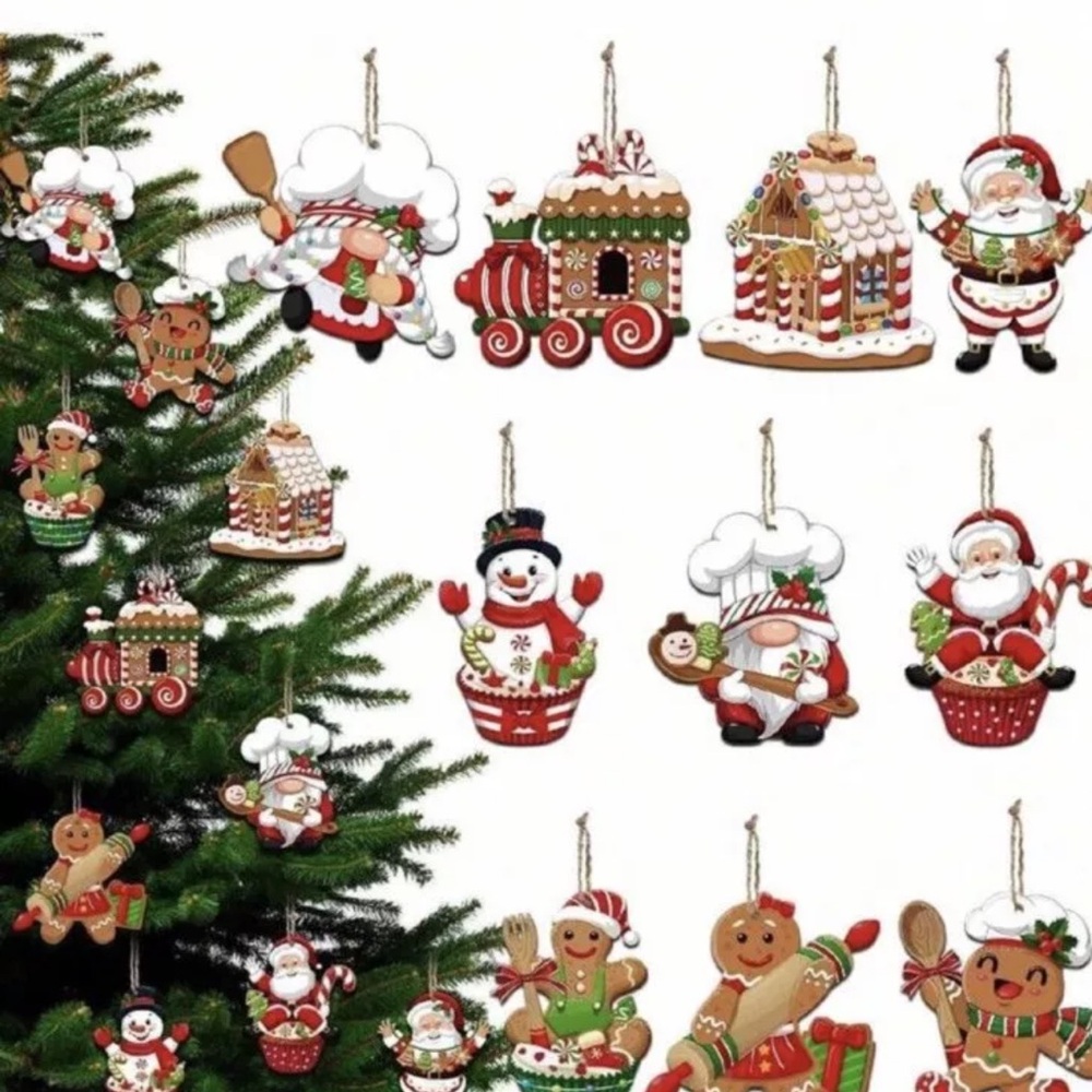 NWT, Set Of 12 Wooden Santa,Gingerbread ,Snowman Ornaments